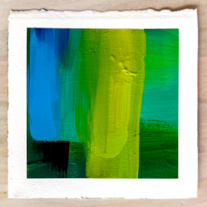 Blue, green, and yellow abstract acrylic painting on textured white watercolor paper — part of Catie Maskell’s Color Exploration series.