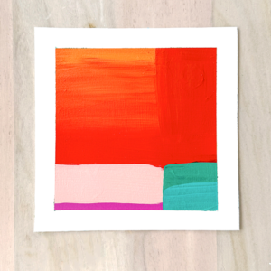 Color Exploration No. 2 - original abstract acrylic painting in red, orange, pink, and teal by artist Catie Maskell, 7x7 inches on 300 lb watercolor paper
