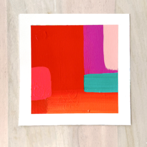 Color Exploration No. 3 — original abstract acrylic painting in red, violet, coral, and teal by artist Catie Maskell, 7x7 inches on 300 lb watercolor paper