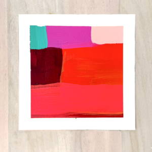 Color Exploration No. 4 — original abstract acrylic painting in plum, red, coral, and teal by artist Catie Maskell, 7x7 inches on 300 lb watercolor paper
