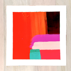 Color Exploration No. 5 — original abstract acrylic painting in red, violet, pink, teal, and maroon by artist Catie Maskell, 7x7 inches on 300 lb watercolor paper