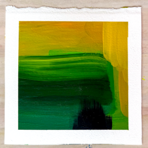 Green and gold abstract acrylic painting with horizontal bands on textured white paper — part of Catie Maskell’s Color Exploration series.
