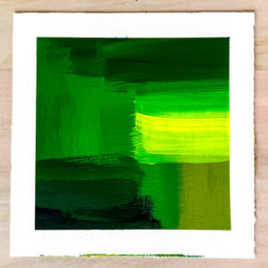 Green and yellow abstract acrylic painting on textured white watercolor paper — part of Catie Maskell’s Color Exploration series.